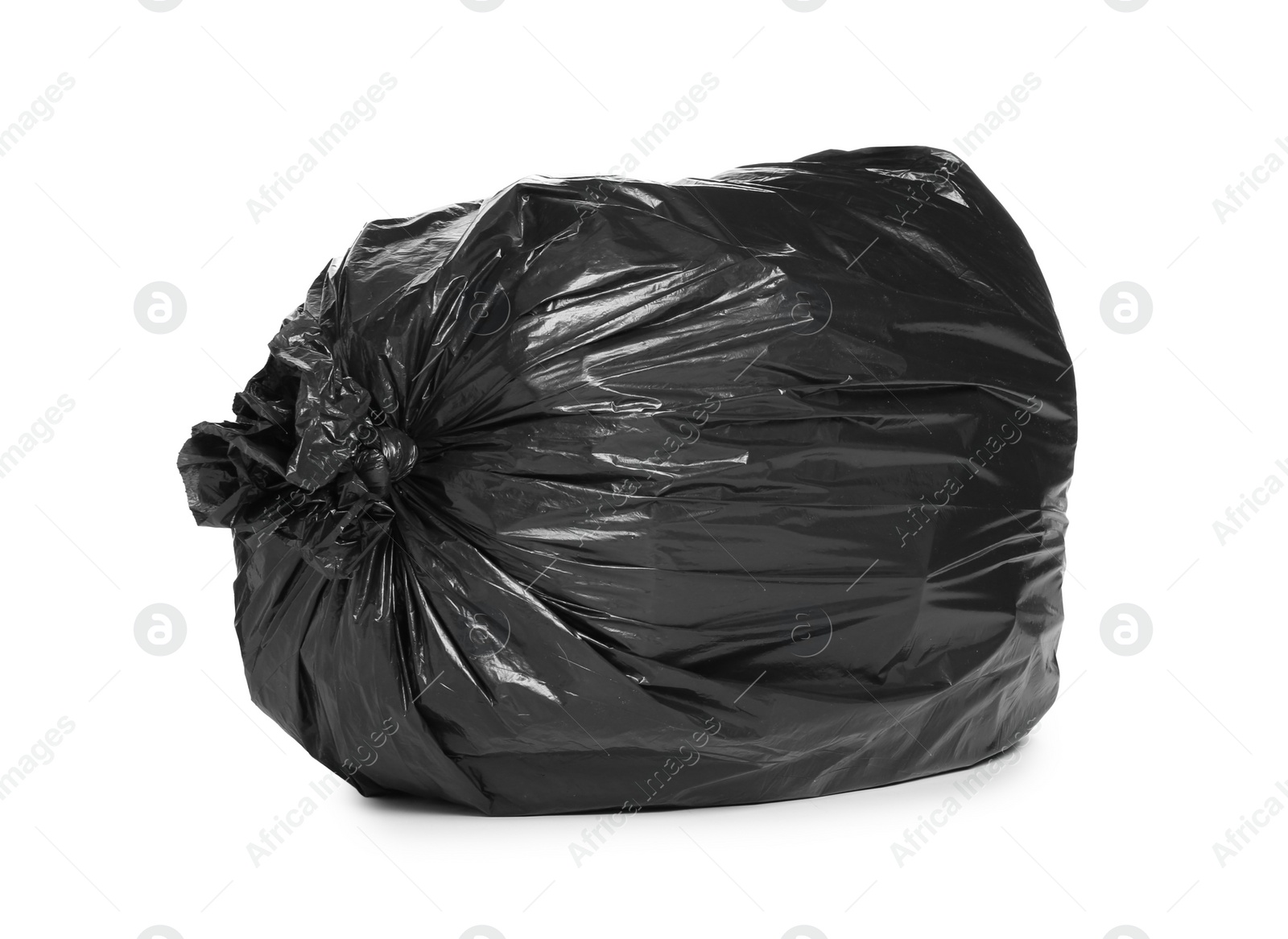 Photo of Black trash bag filled with garbage isolated on white