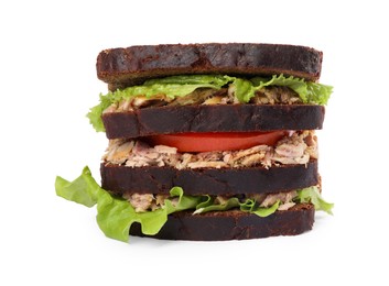 Delicious sandwich with tuna, tomatoes and lettuce on white background