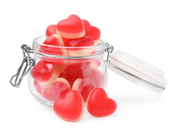 Photo of Jar and sweet heart shaped jelly candies on white background