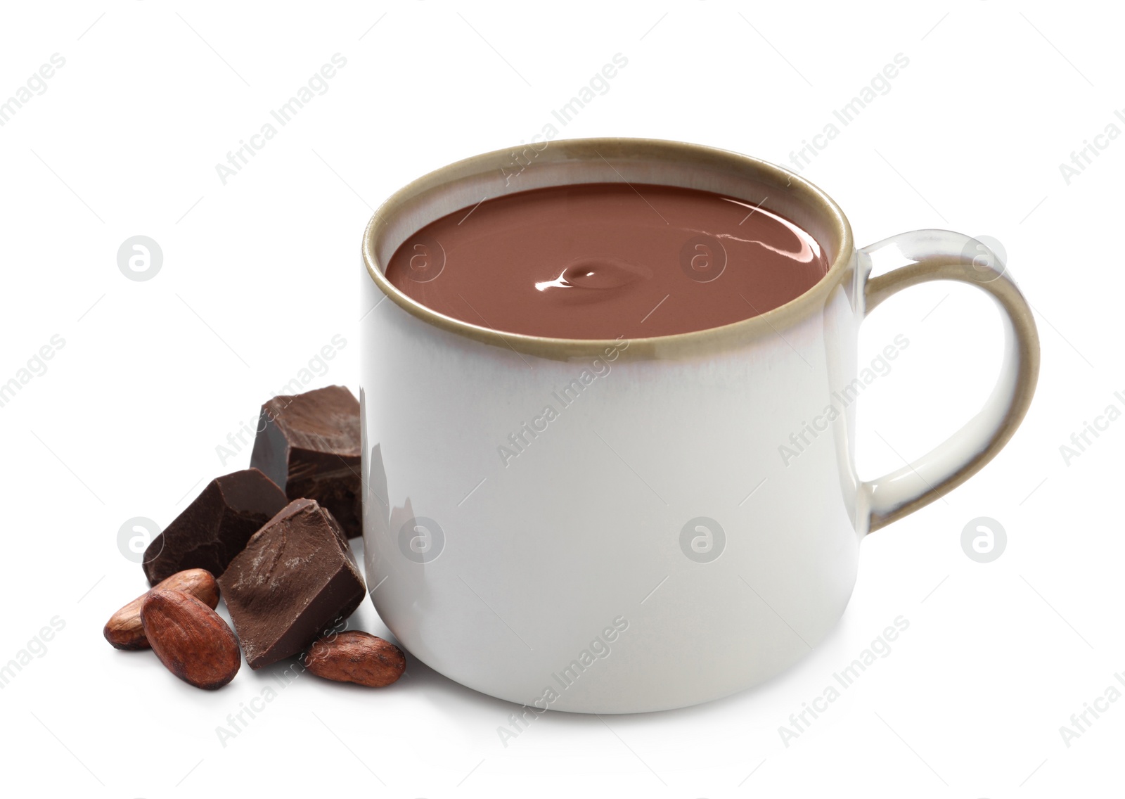 Photo of Yummy hot chocolate in mug on white background