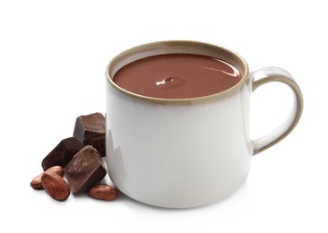 Yummy hot chocolate in mug on white background