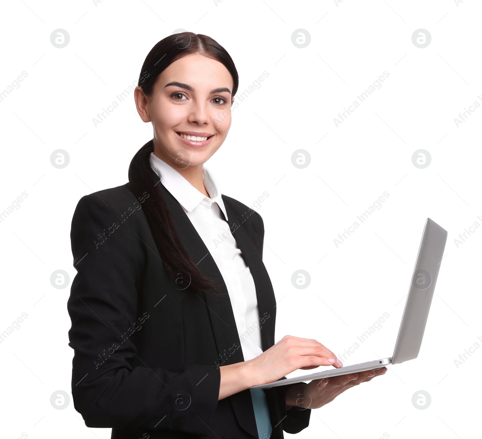 Photo of Young businesswoman with laptop on white background