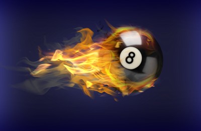 Image of Billiard ball with number 8 in fire flying on blue background