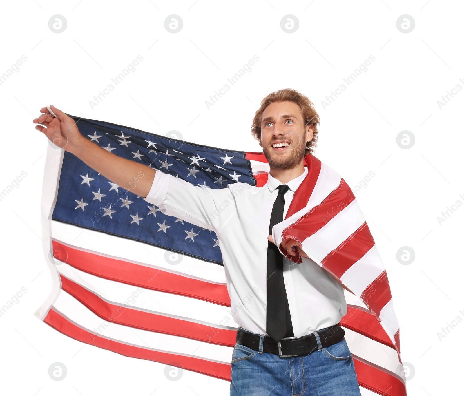 Photo of Young man with American flag on white background