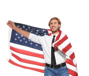 Photo of Young man with American flag on white background