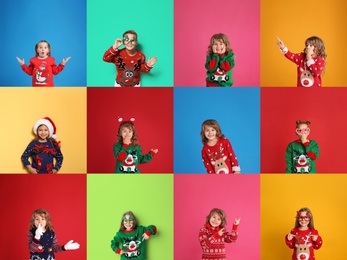 Image of Collage with photos of adorable children in different Christmas sweaters on color backgrounds