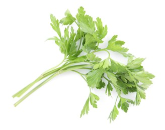 Photo of Sprigs of fresh green parsley leaves isolated on white, above view