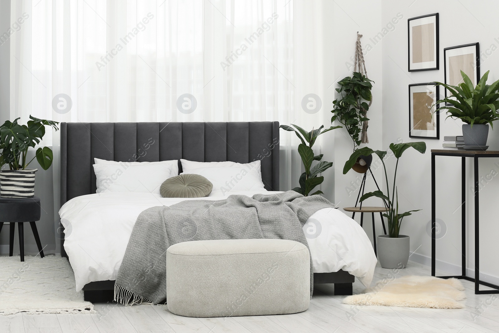 Photo of Large comfortable bed and beautiful houseplants in room. Bedroom interior