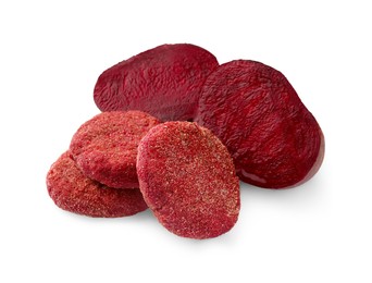 Photo of Tasty vegan cutlets with cut beet isolated on white