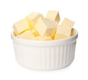 Tasty butter cubes in bowl isolated on white