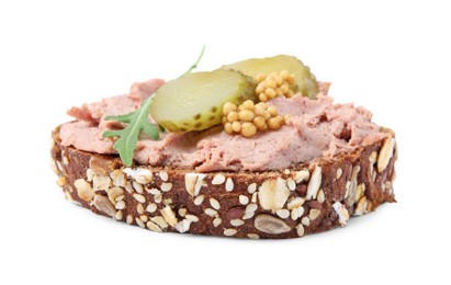 Photo of Delicious liverwurst sandwich with cucumber, mustard and arugula isolated on white