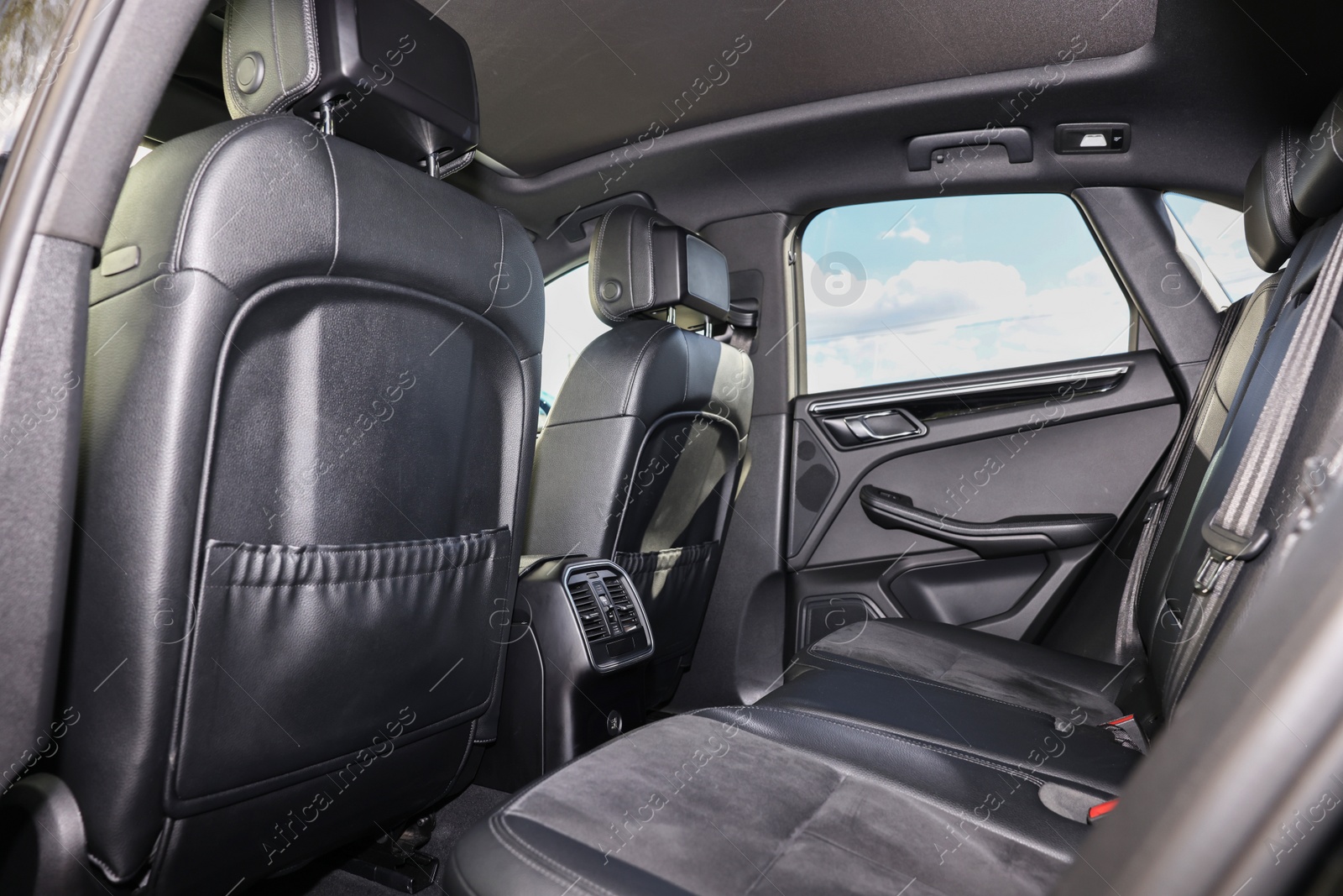 Photo of Inside of modern car with black leather seats