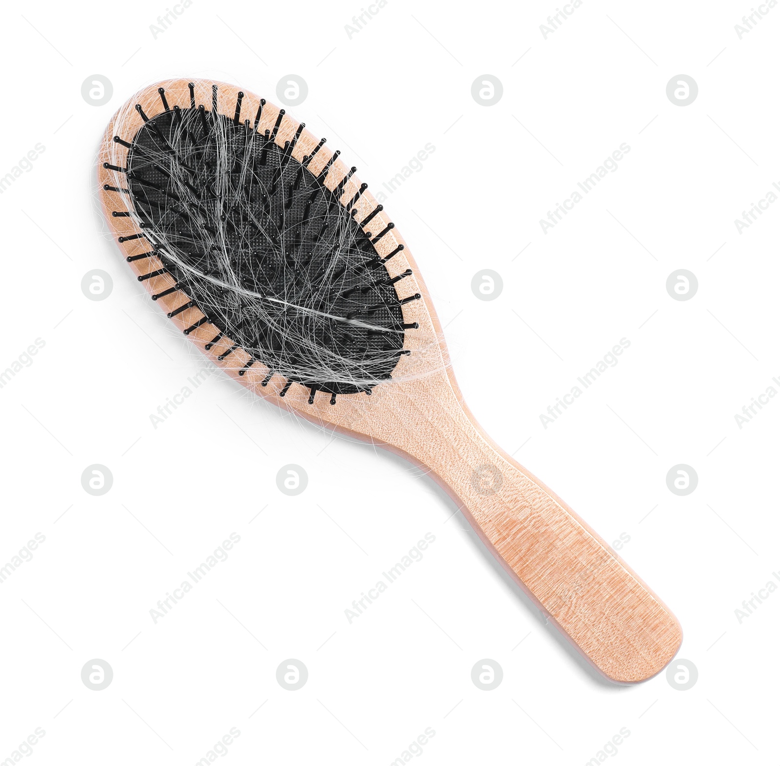 Photo of Brush with lost hair isolated on white, top view