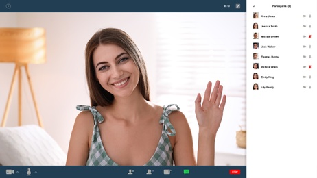 Image of Woman communicating with coworkers from home using video chat, view through camera