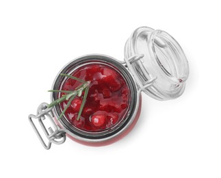 Fresh cranberry sauce and rosemary in glass jar isolated on white, top view