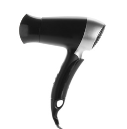 Photo of Modern hair dryer isolated on white. Professional hairdresser tool