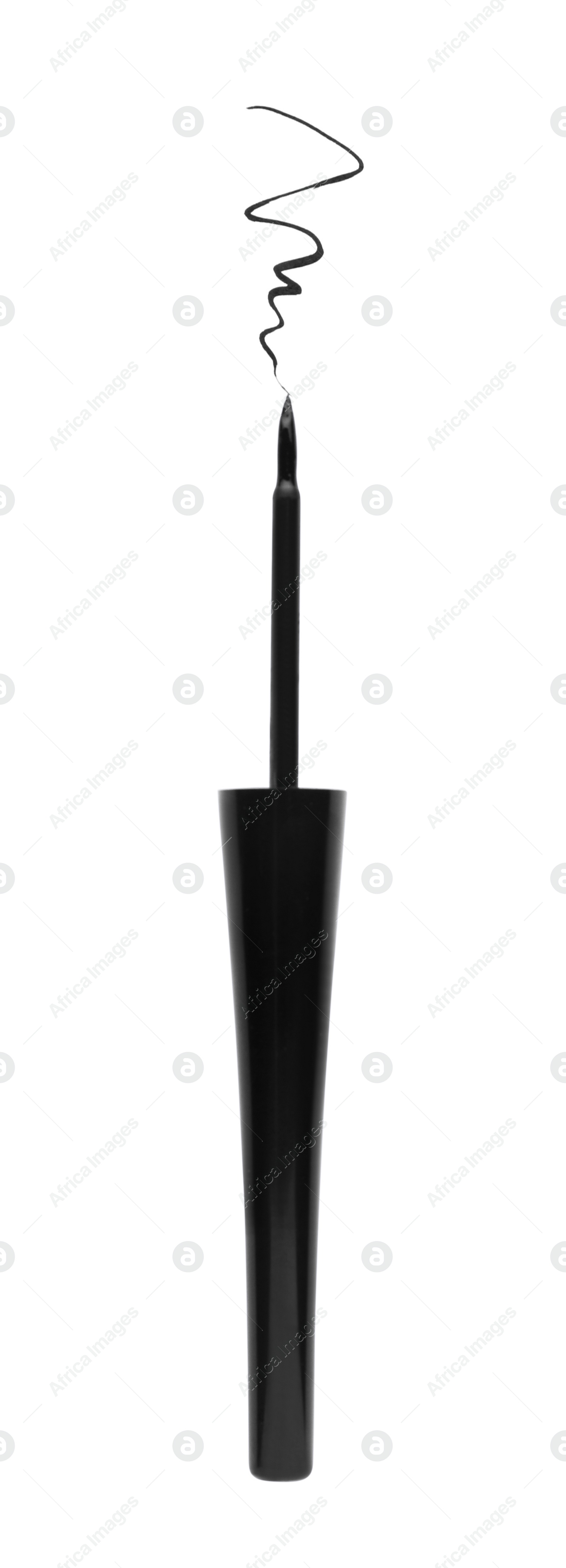 Photo of Black eyeliner and stroke on white background, top view. Makeup product