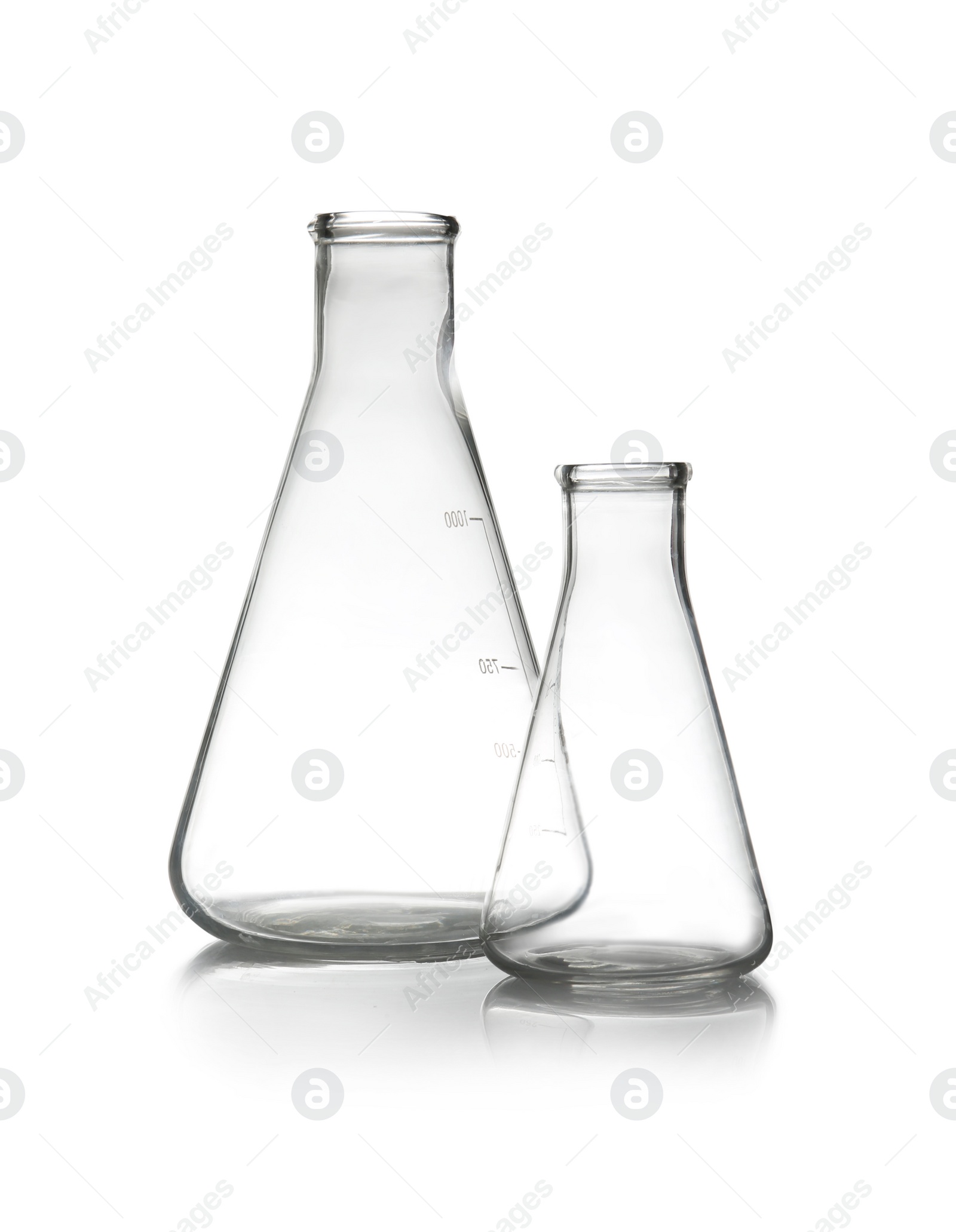 Photo of Empty conical flasks on table. Laboratory analysis