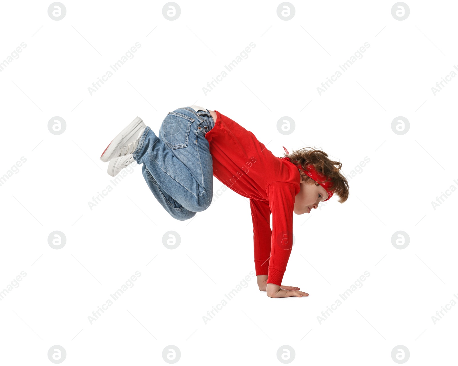 Photo of Happy little boy dancing on white background