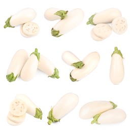 Image of Set with many white eggplants isolated on white
