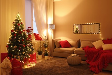 Living room with Christmas decorations. Festive interior design