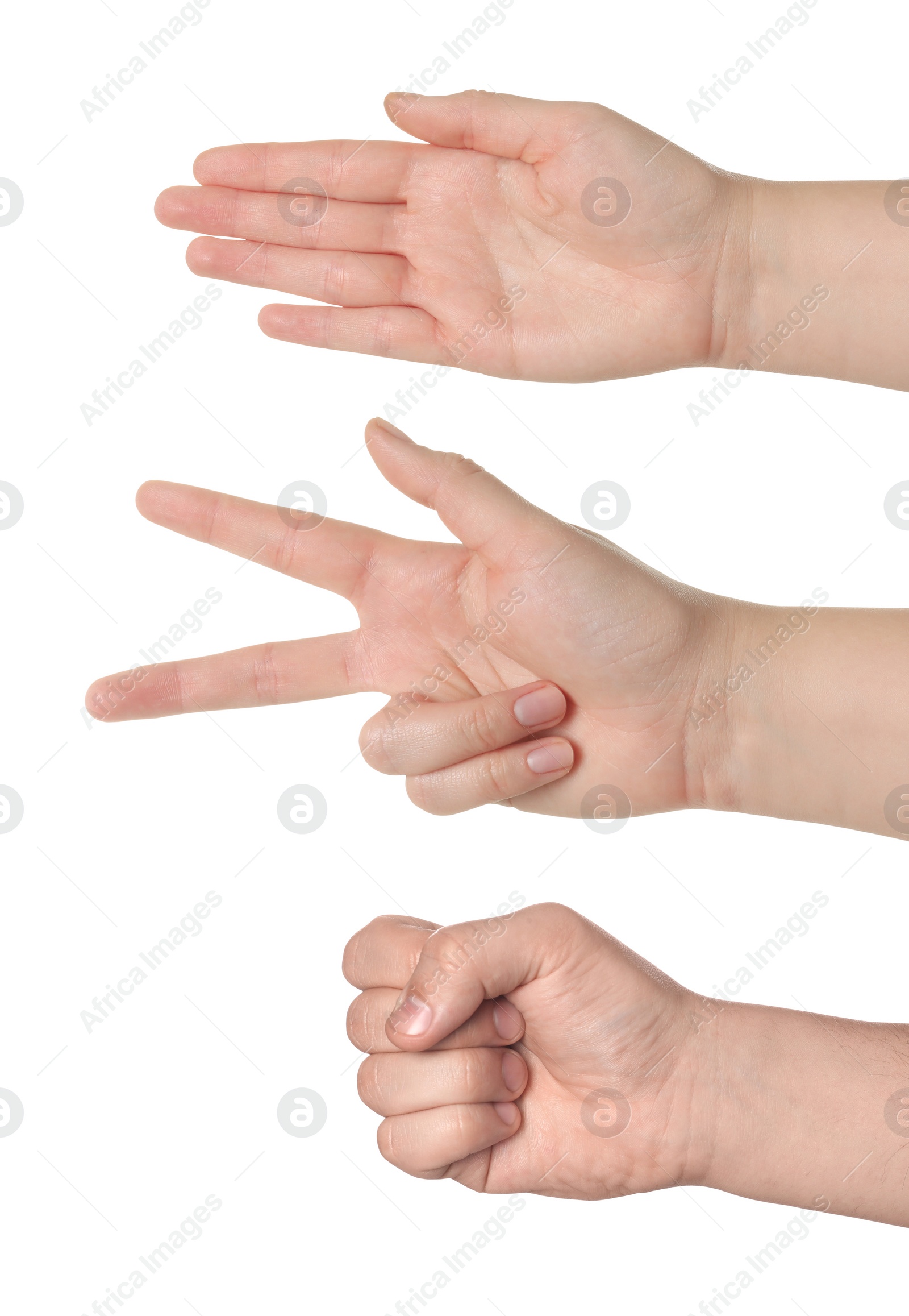 Image of People playing rock, paper and scissors on white background, closeup