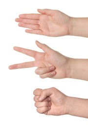 People playing rock, paper and scissors on white background, closeup