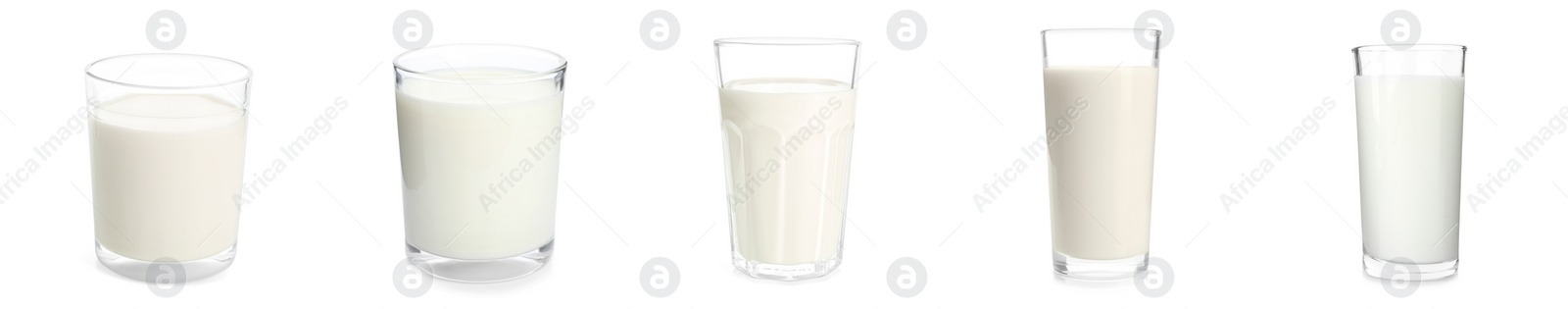 Image of Set with glasses of fresh milk on white background. Banner design