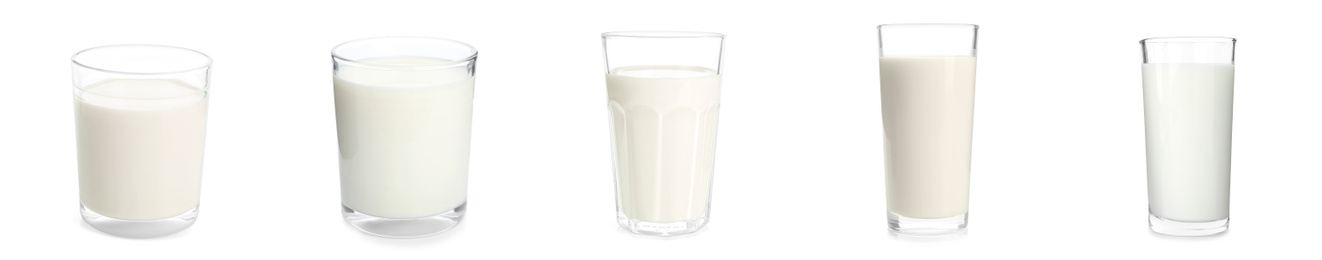 Image of Set with glasses of fresh milk on white background. Banner design
