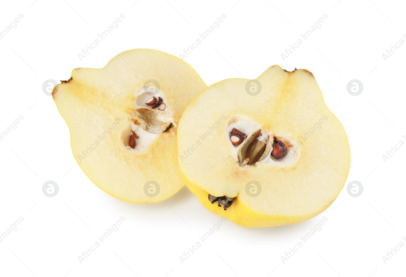 Photo of Halves of fresh ripe quince isolated on white