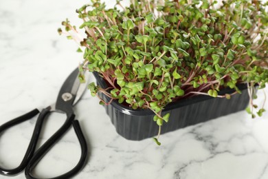 Fresh radish microgreens in plastic container and scissors on white marble table, closeup