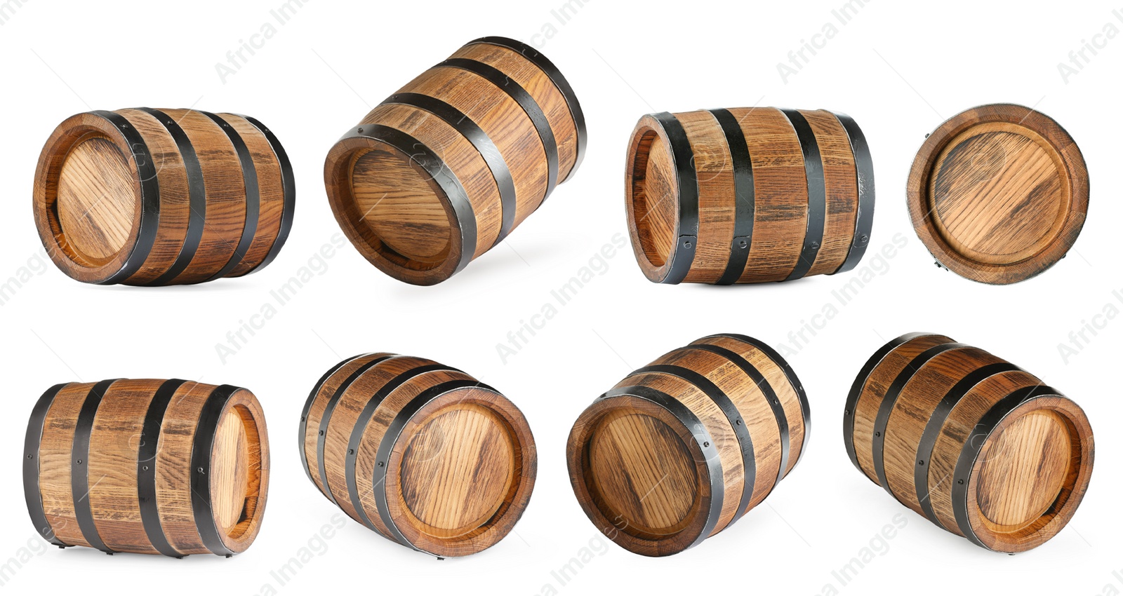 Image of Collage of wooden barrel on white background, different sides