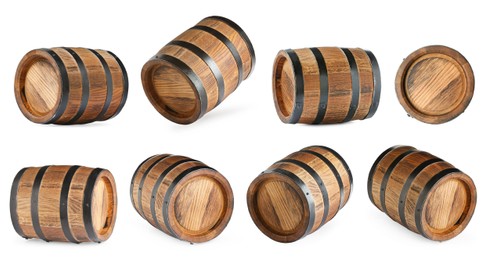 Image of Collage of wooden barrel on white background, different sides