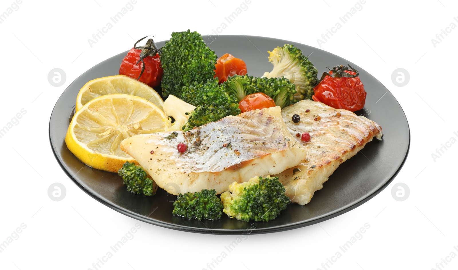 Photo of Tasty cod cooked with vegetables isolated on white