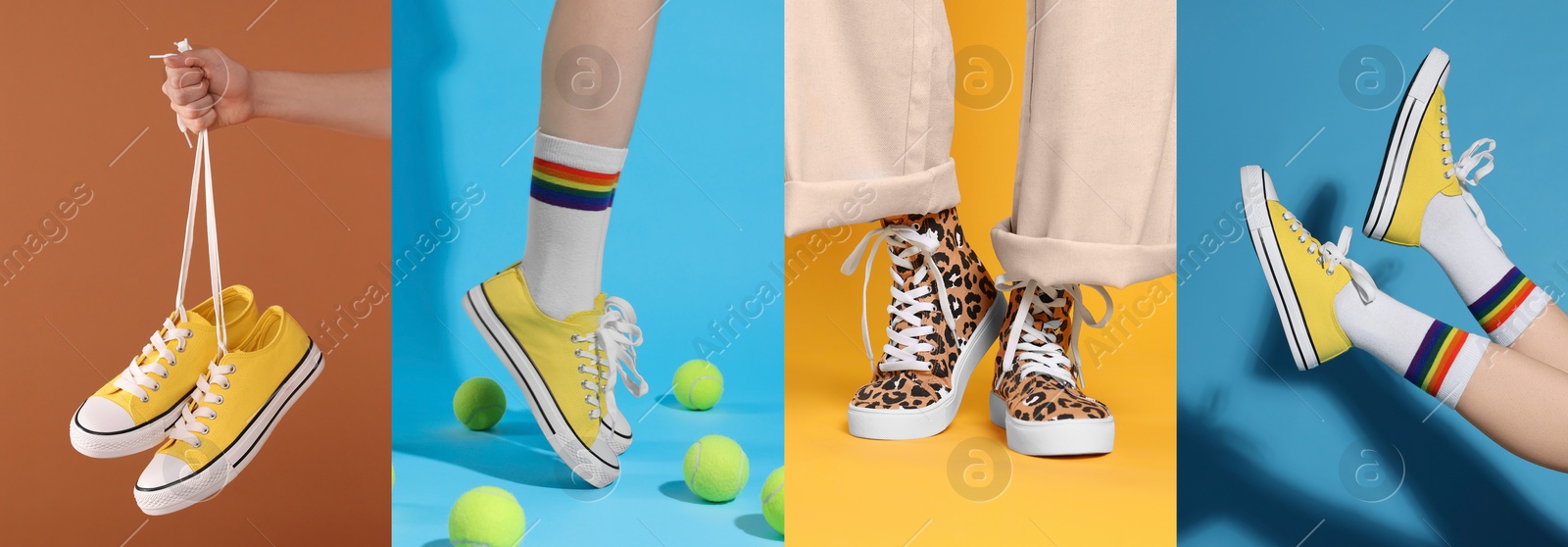 Image of Photos of women in stylish sneakers on different color backgrounds, collage design