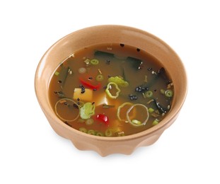 Photo of Bowl of delicious miso soup with tofu isolated on white