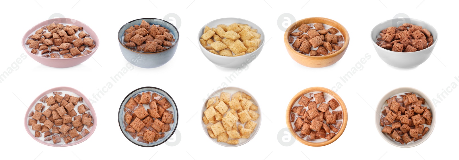 Image of Tasty corn pads with milk in bowls on white background, collage. Banner design