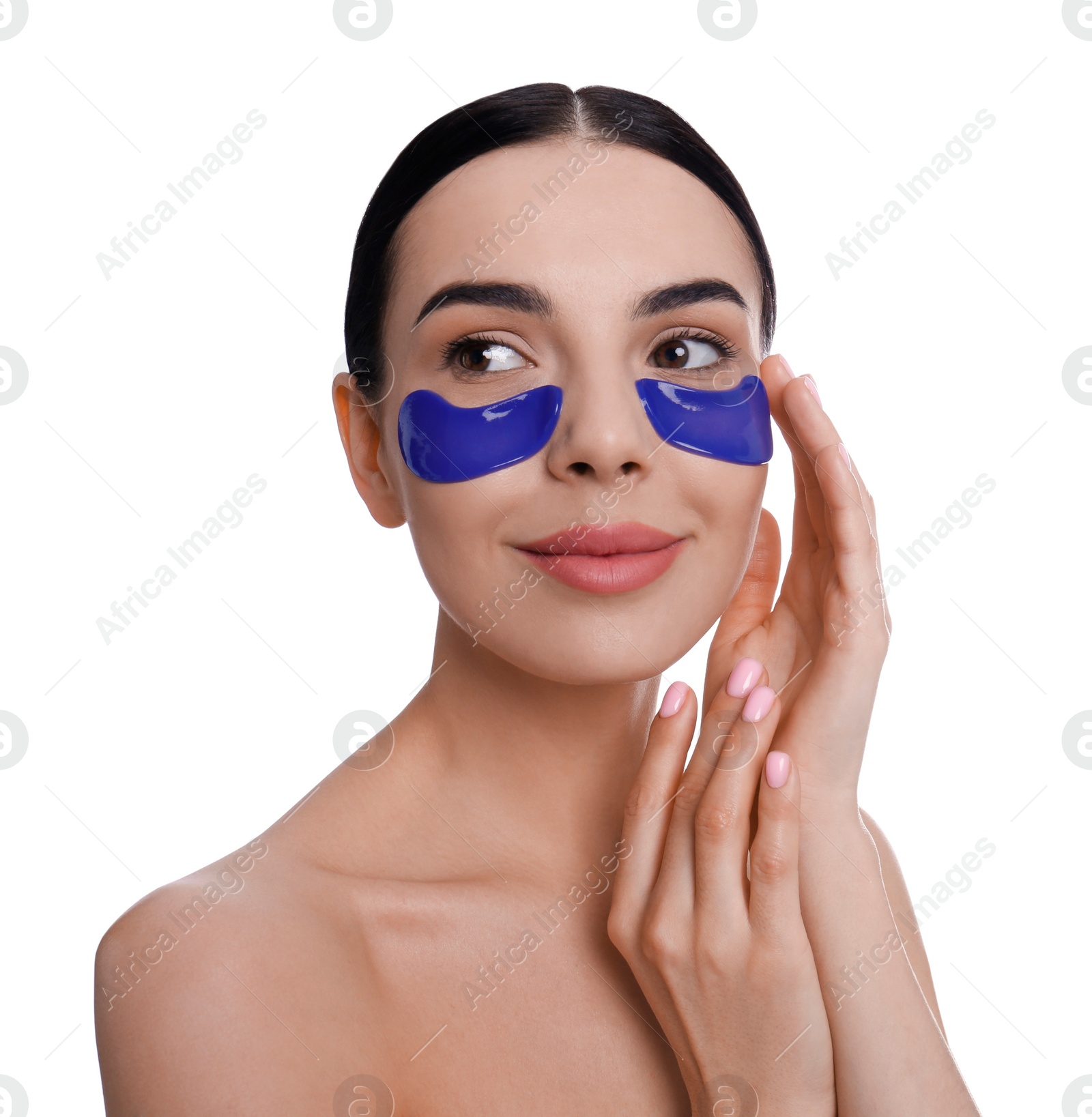 Photo of Beautiful young woman with under eye patches on white background