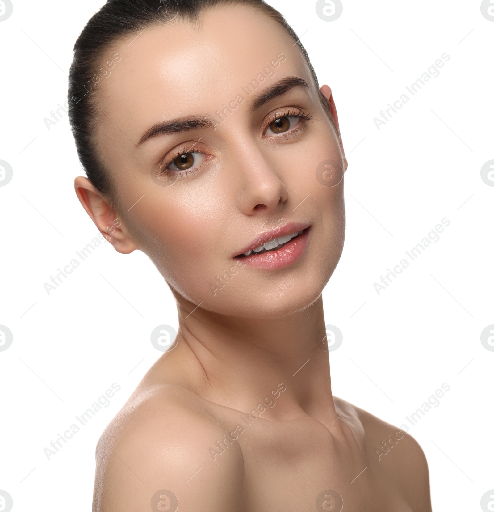 Photo of Portrait of beautiful young woman on white background