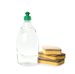 Cleaning supply and sponges for dish washing on white background