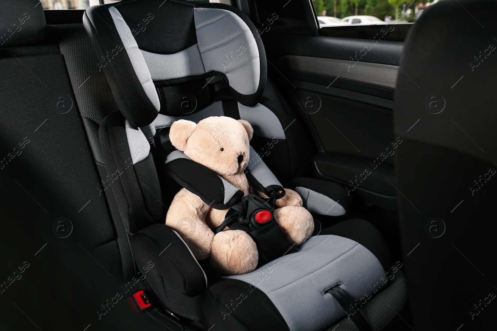 Photo of Teddy bear in child safety seat inside car