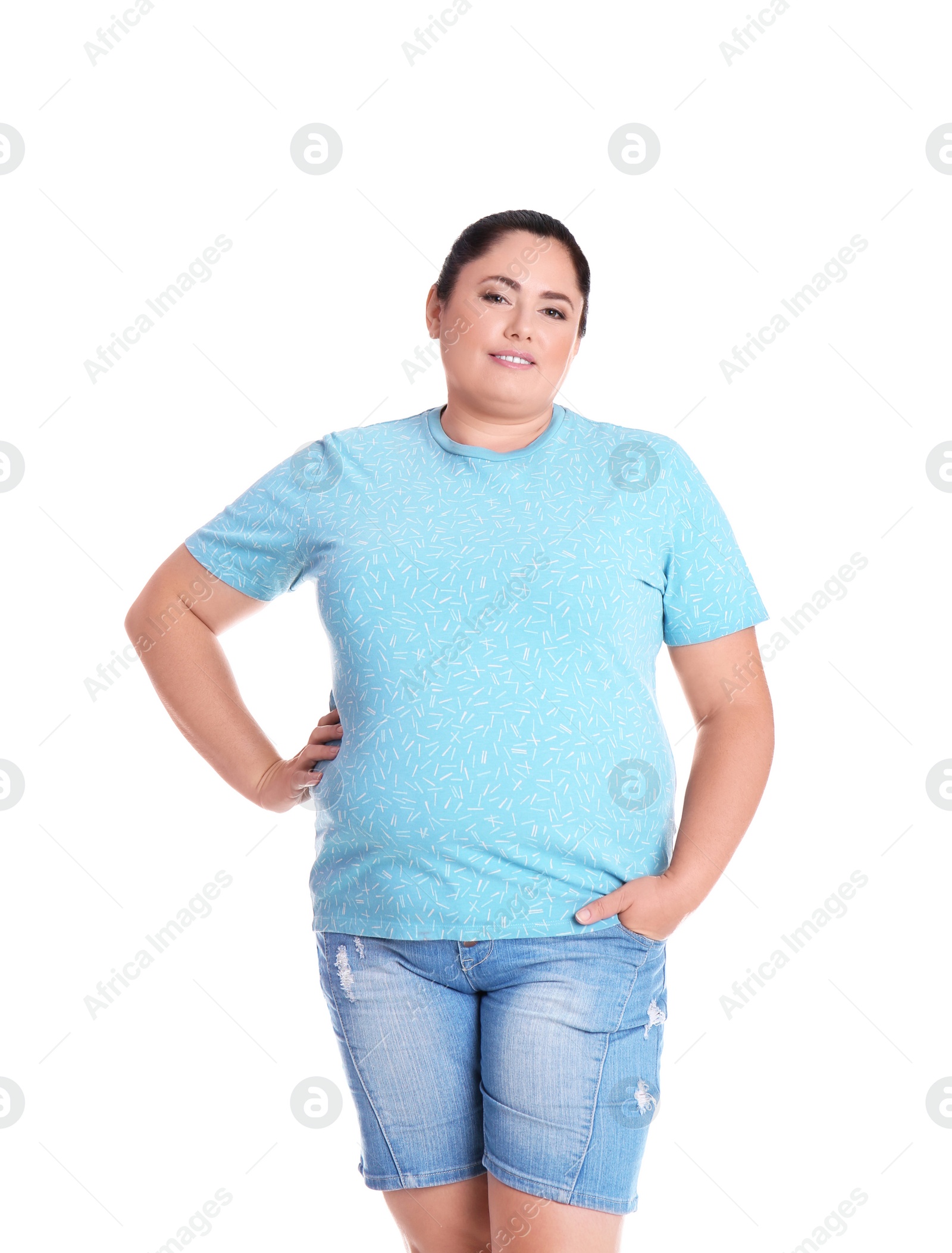 Photo of Fat woman on white background. Weight loss