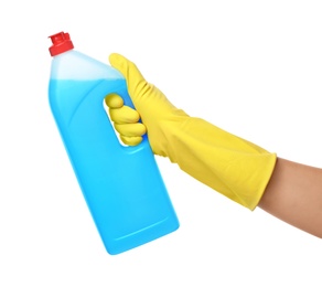 Photo of Woman holding bottle of cleaning product for dish washing on white background, closeup