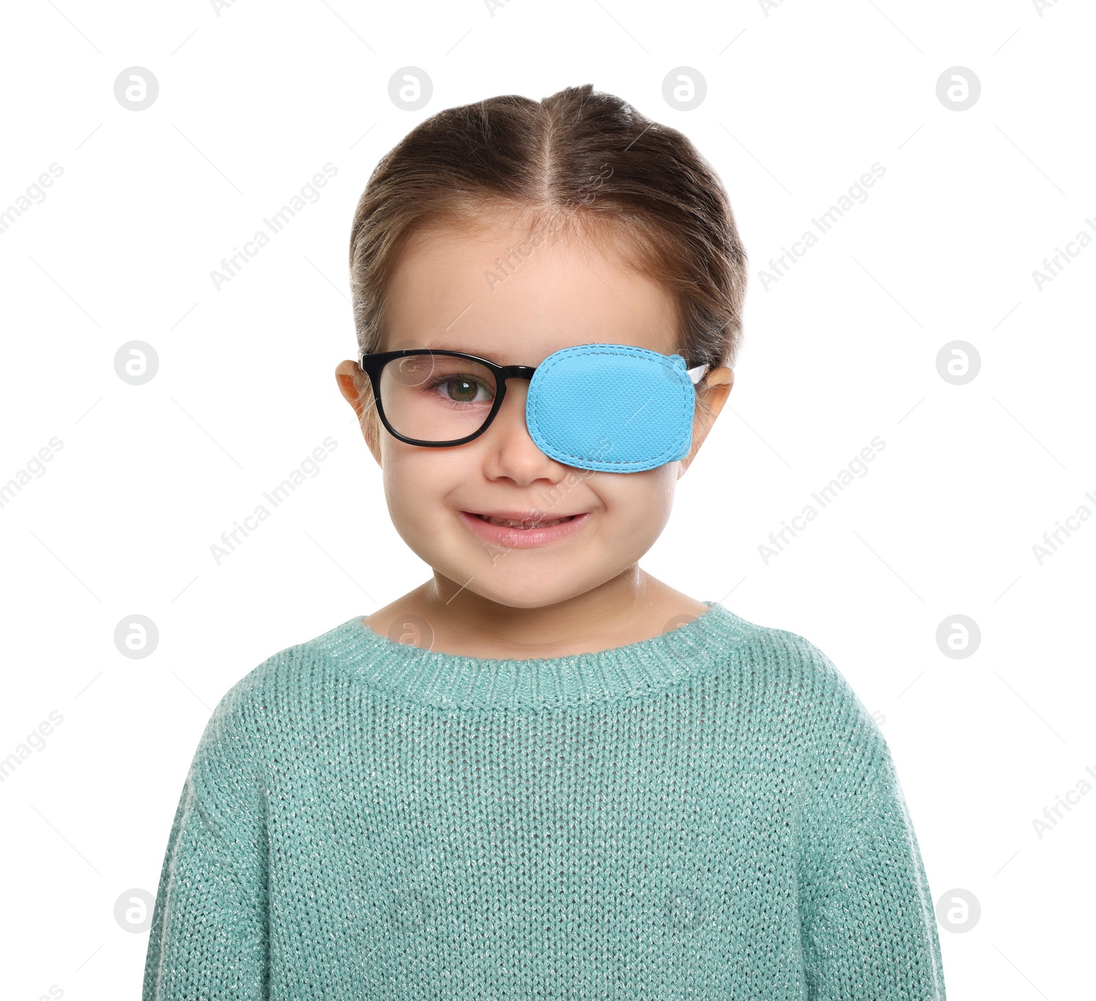 Photo of Happy girl with nozzle on glasses for treatment of strabismus against white background. Space for text