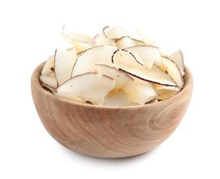 Photo of Bowl of coconut chips isolated on white