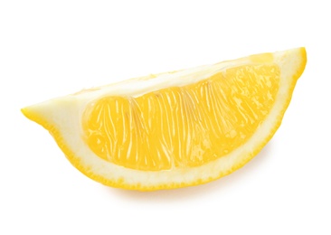 Photo of Slice of ripe lemon on white background