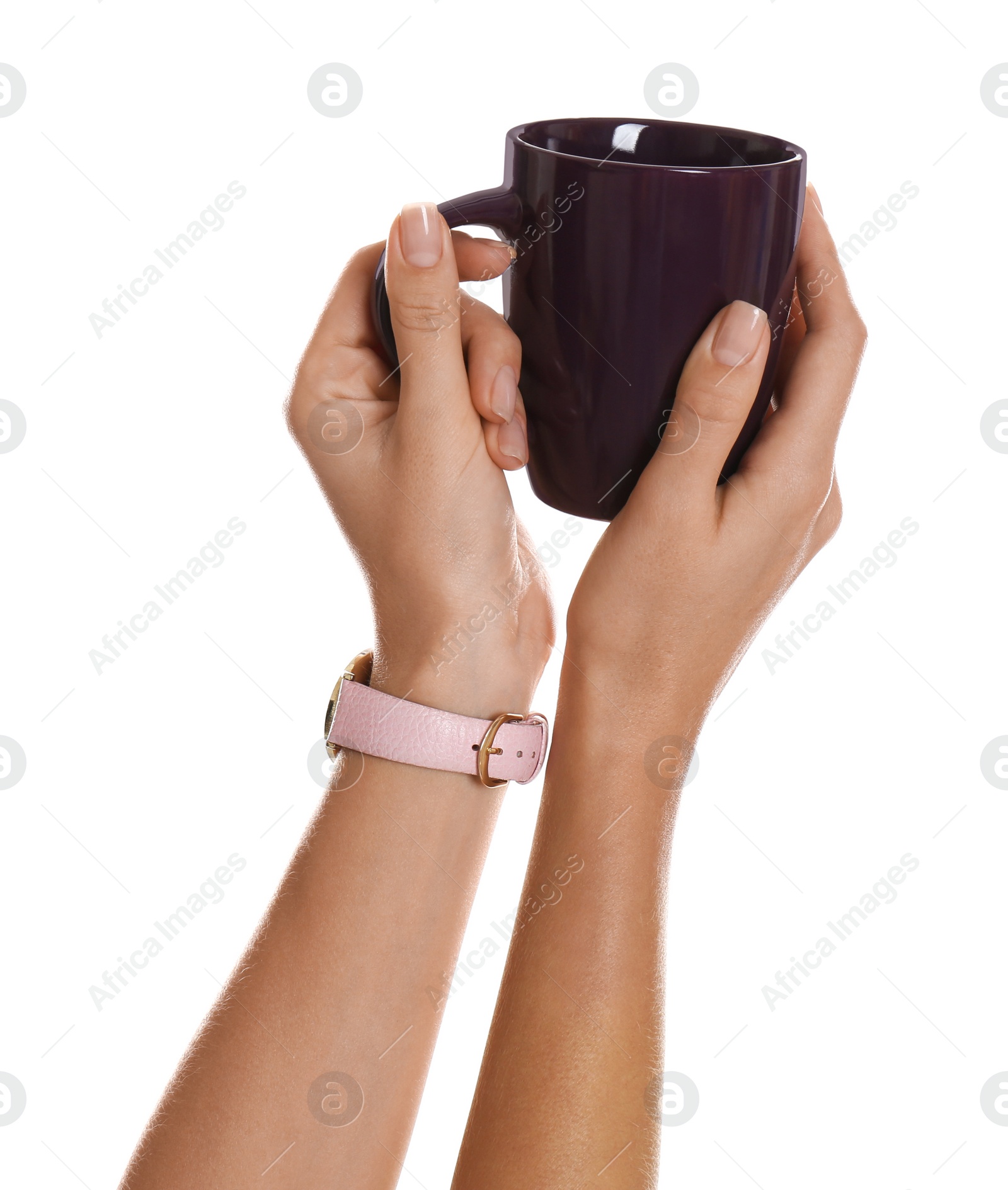 Photo of Woman holding elegant wine red cup on white background, closeup