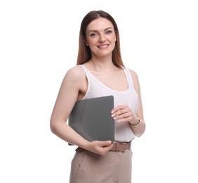 Photo of Beautiful businesswoman with laptop on white background