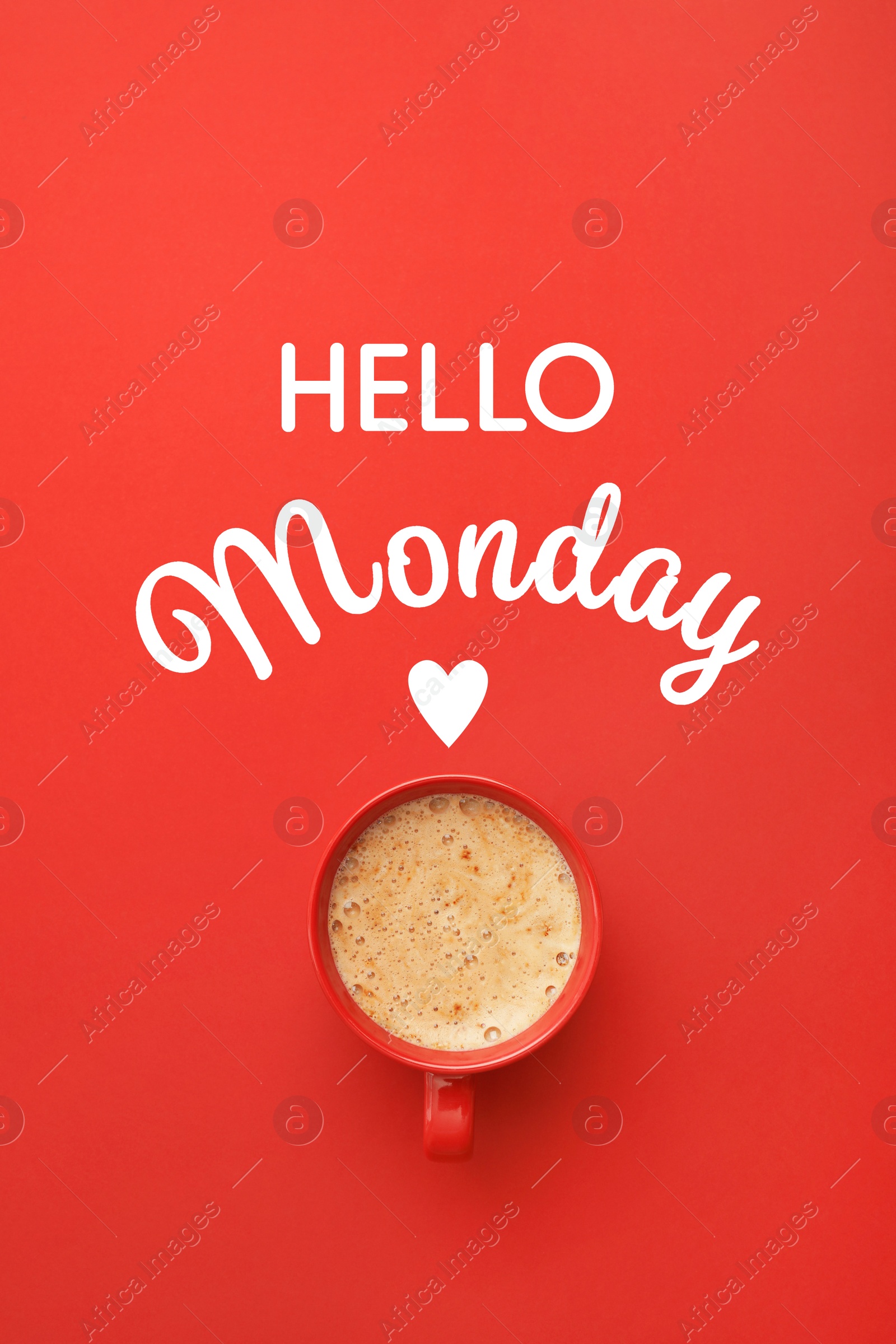 Image of Cup of hot aromatic coffee and phrase Hello Monday on red background, top view