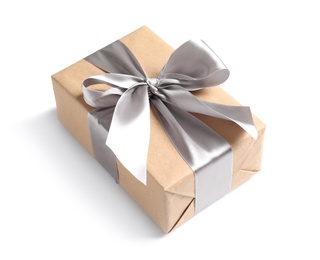 Photo of Beautifully wrapped gift box on white background